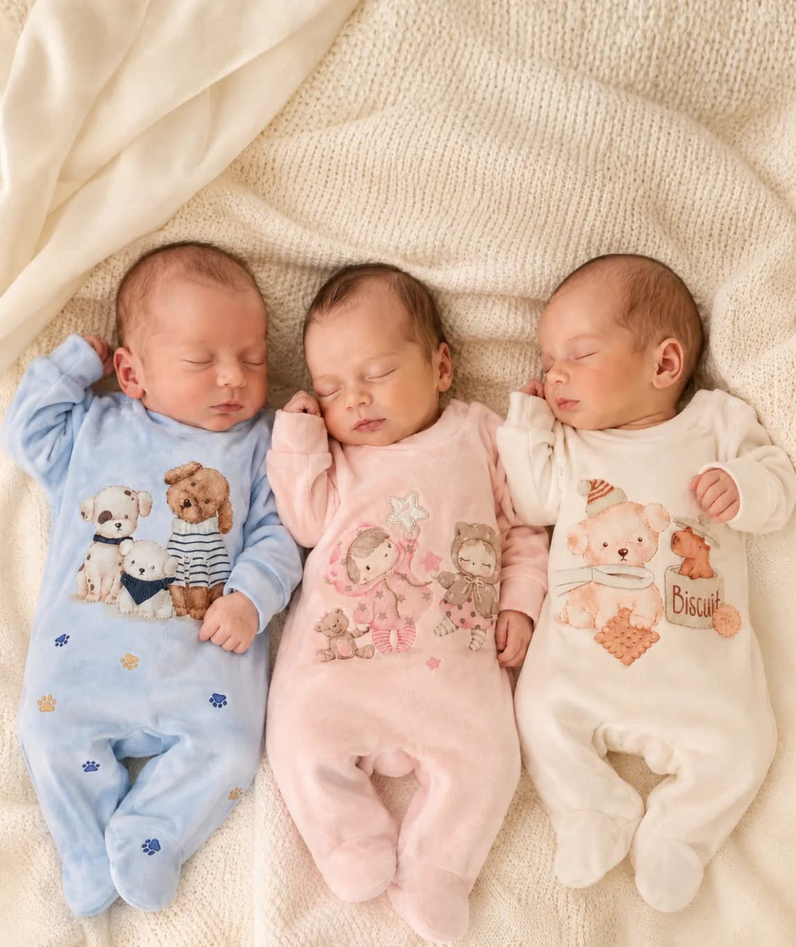 Três recém-nascidos com roupas de bebê em tons suaves