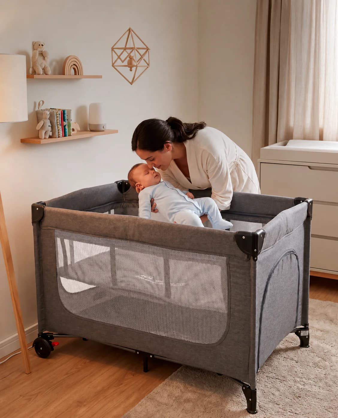 Mãe acolhendo o bebê em um berço portátil