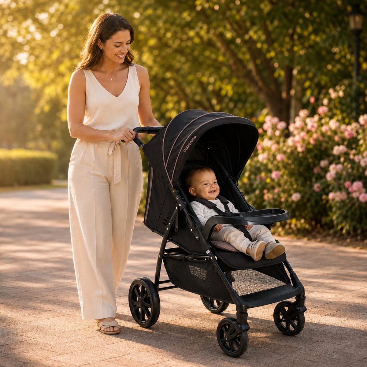 Mãe passeando com o bebê em um carrinho compacto