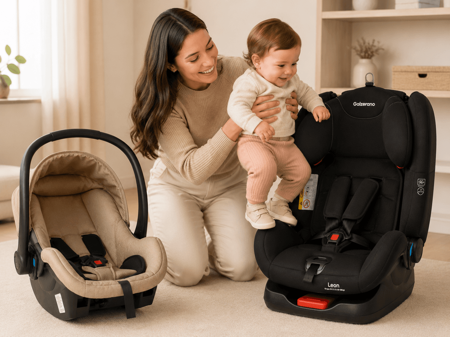 Mãe com bebê ao lado do bebê conforto Cocon e da cadeirinha Leon da Galzerano