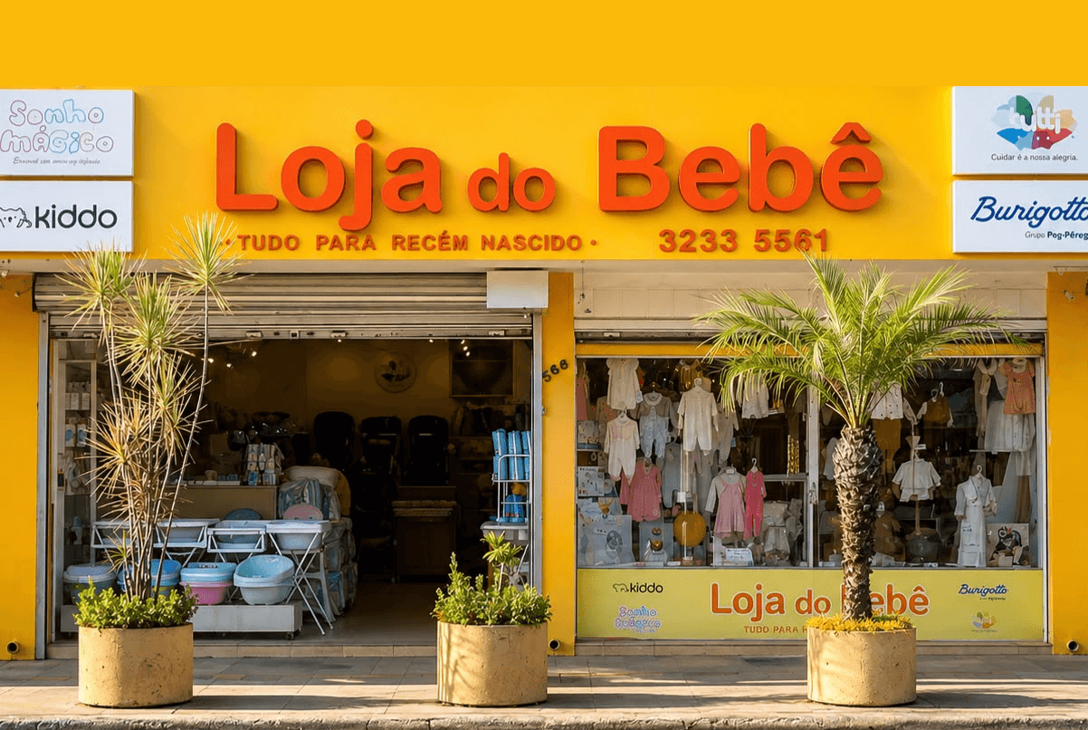 Fachada e vitrine da Loja do Bebê Goiânia, na Av. 24 de Outubro, Setor Campinas